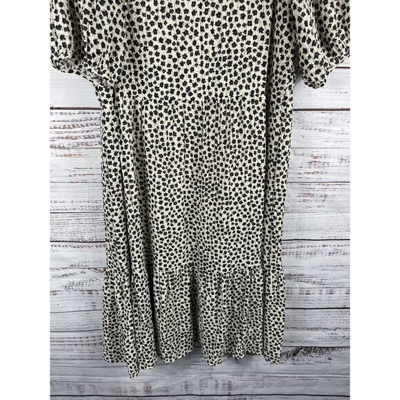 H&M Dress Women's Small White Floral Tiered Swing Midi Puff Sleeve Ruffle Hem - Picture 3 of 9